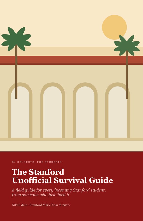 Cover of The Stanford Unofficial Survival Guide: palm trees and sandstone arches over a cardinal-red band.